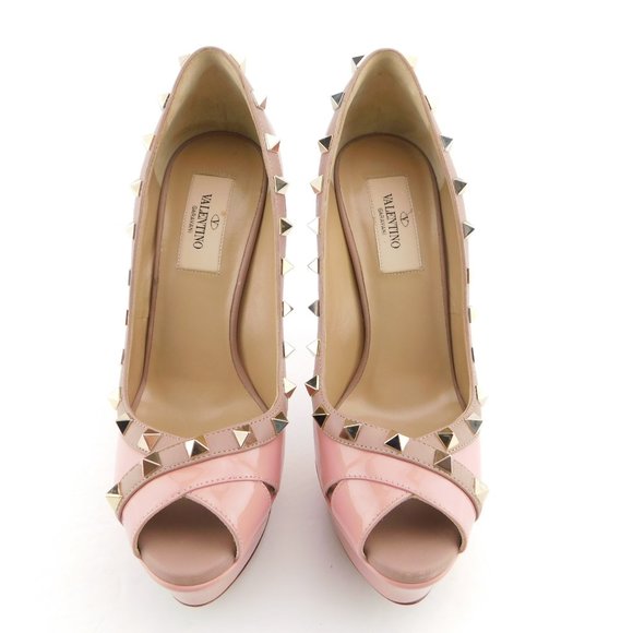 VALENTINO Rockstud Baby Pink Patent Leather Platform Peep Toe Heel Pumps 36.5 - Picture 3 of 9